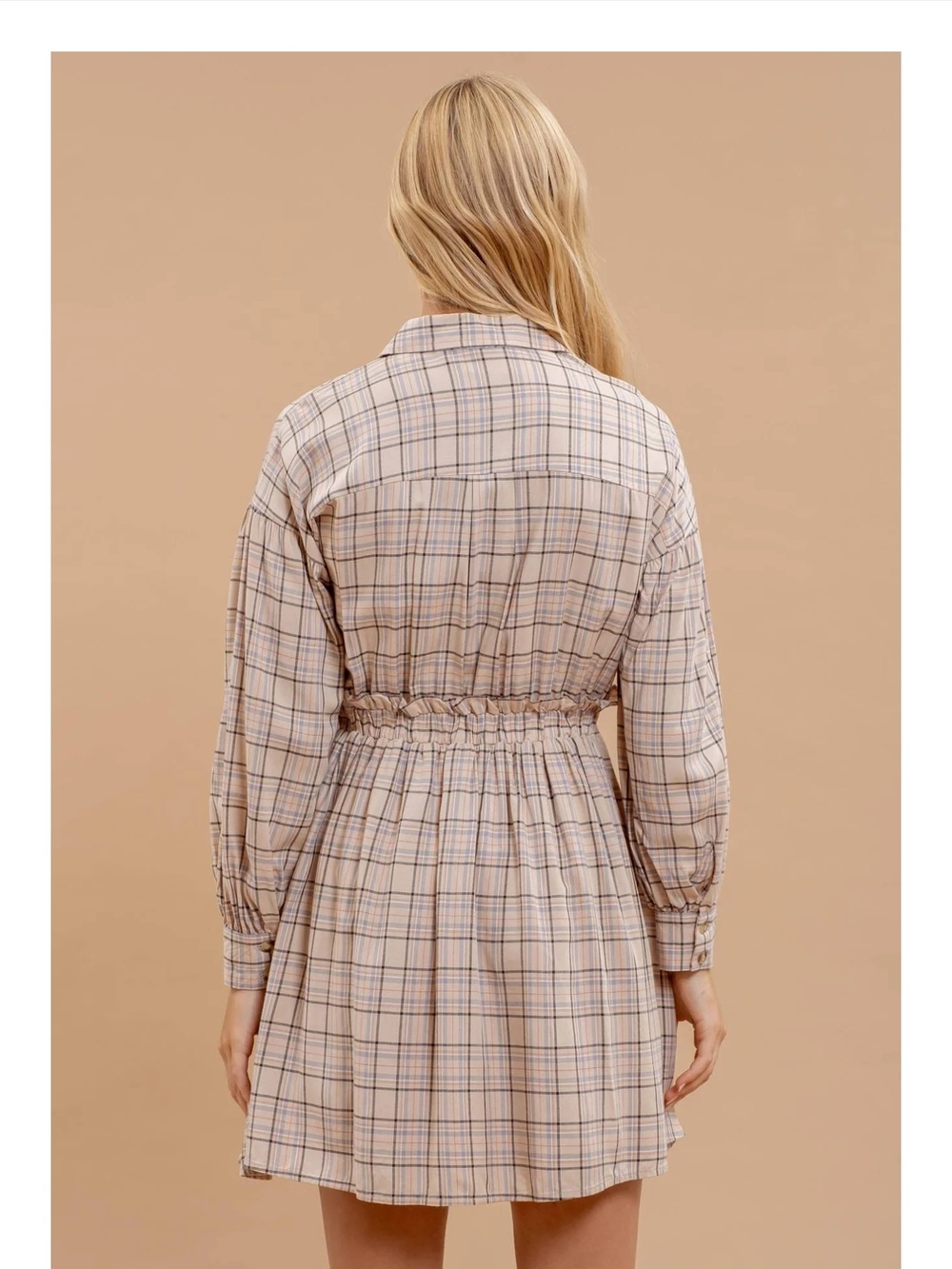 BLU PEPPER Beige Multi Plaid Collared Button Down Long Sleeve Dress - Picture 2 of 3